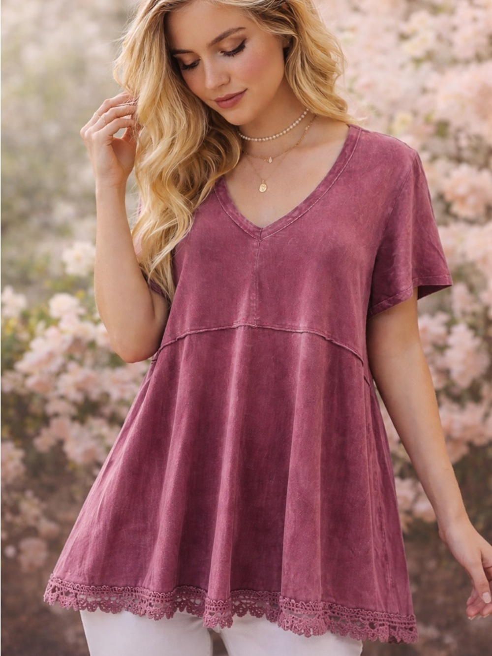 Altar’d State Dusty Rose Cotton Babydoll Top Lace Hem Size L